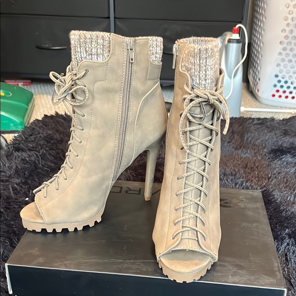 Shoe Dazzle Tan Heeled Boots with Rugged Design